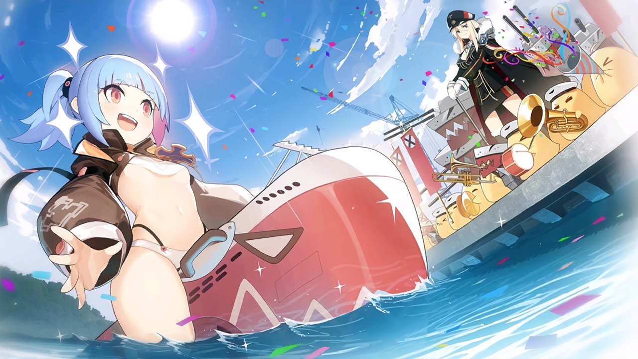 2girls, animal, anthropomorphism, azur_lane, bikini, bird, bismarck_(azur_lane), blonde_hair