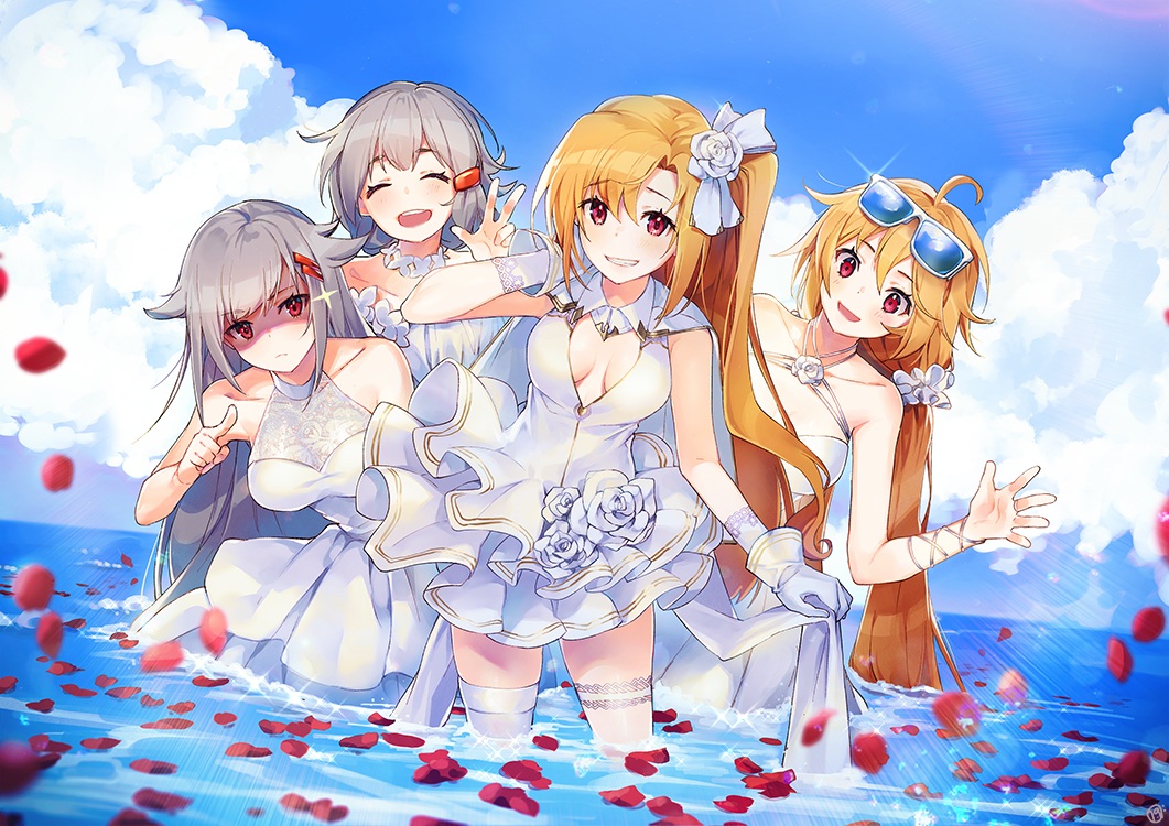 anthropomorphism, azur_lane, blonde_hair, breasts, cleavage, cleveland_(azur_lane), columbia_(azur_lane), denver_(azur_lane), dress, glasses, gray_hair, group, long_hair, montpelier_(azur_lane), nagu, ponytail, red_eyes, sky, thighhighs, water, wedding_attire