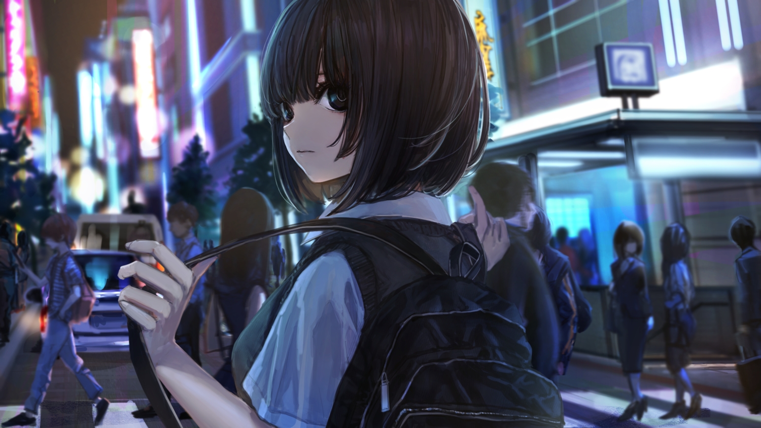 black_eyes, brown_hair, building, car, city, close, hashimoto_kokai, original, short_hair