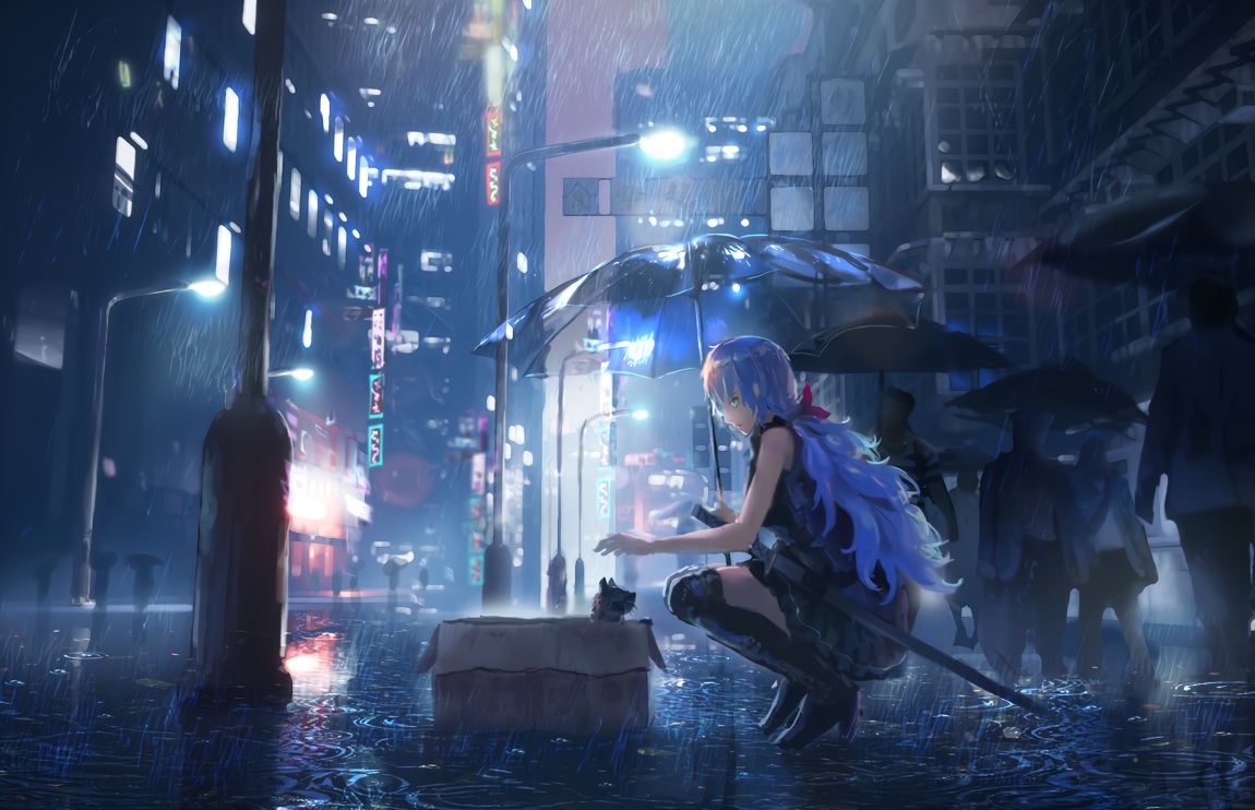 animal, aqua_hair, building, cat, city, denki, dress, katana