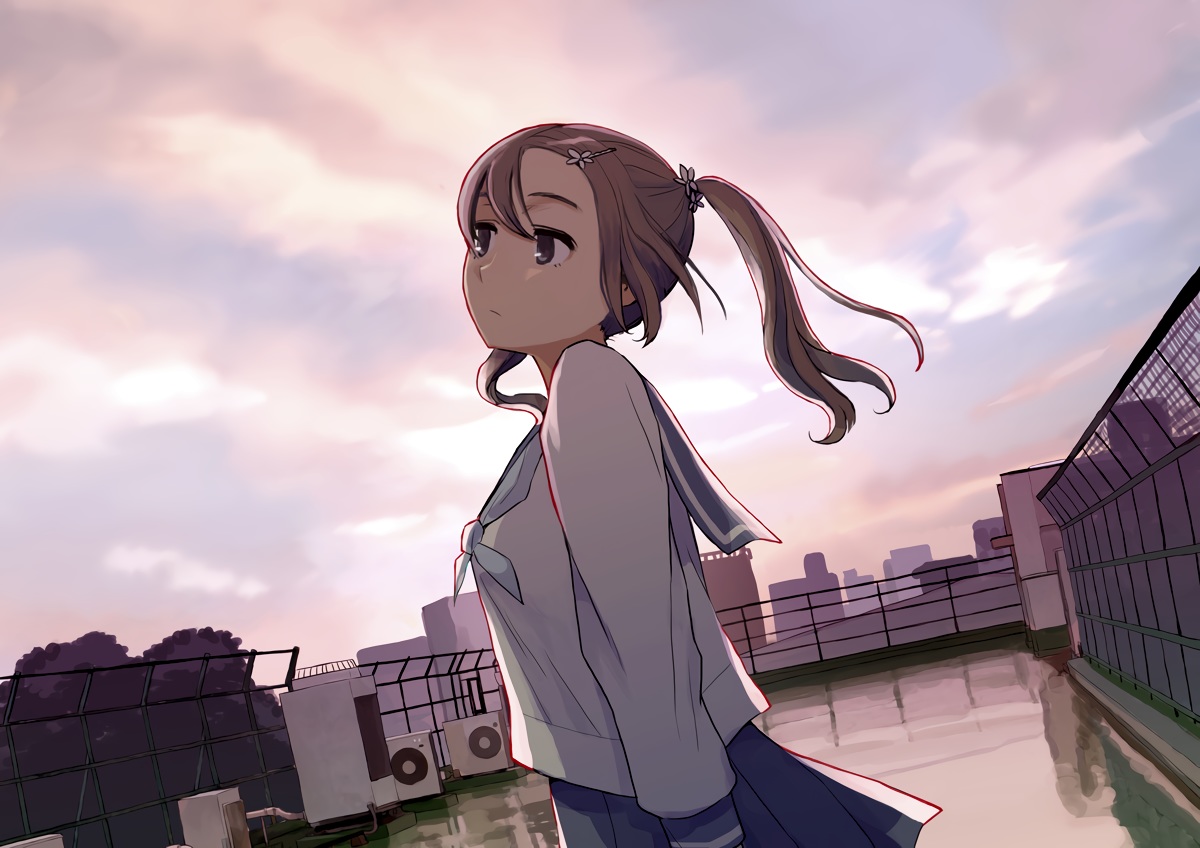 brown_eyes, brown_hair, building, clouds, morifumi, original, ponytail, rooftop, school_uniform, skirt, sky