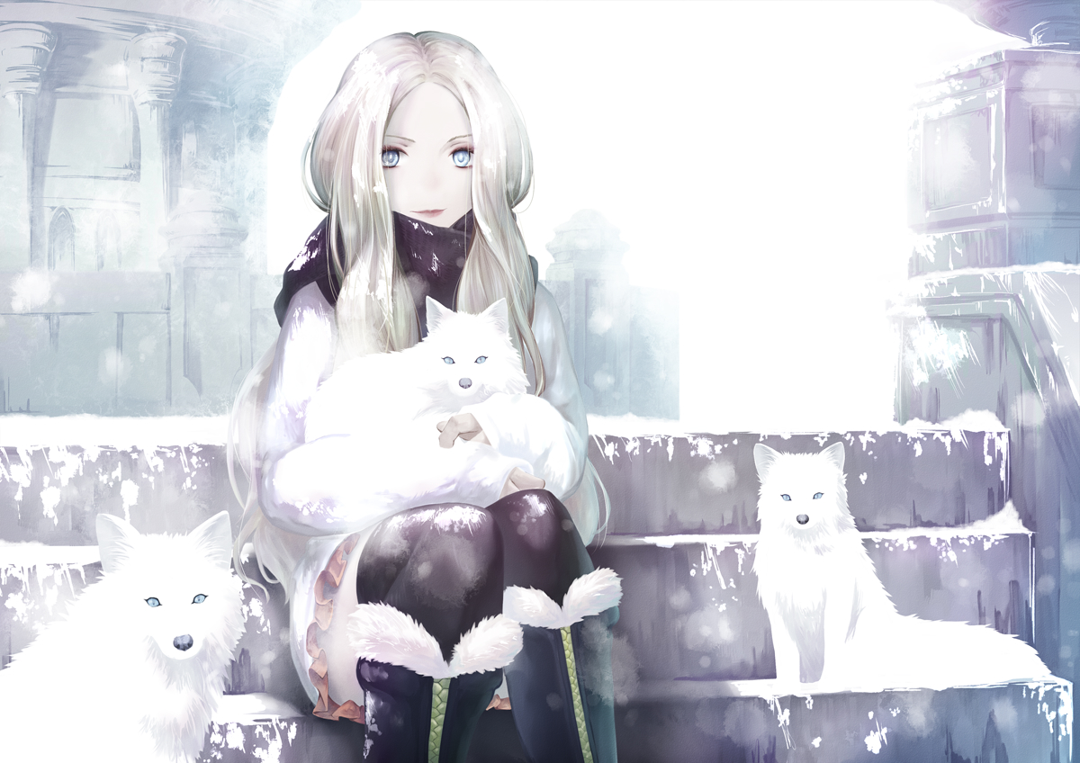 animal, blonde_hair, blue_eyes, fox, hinoru_saikusa, kolin, long_hair, stairs