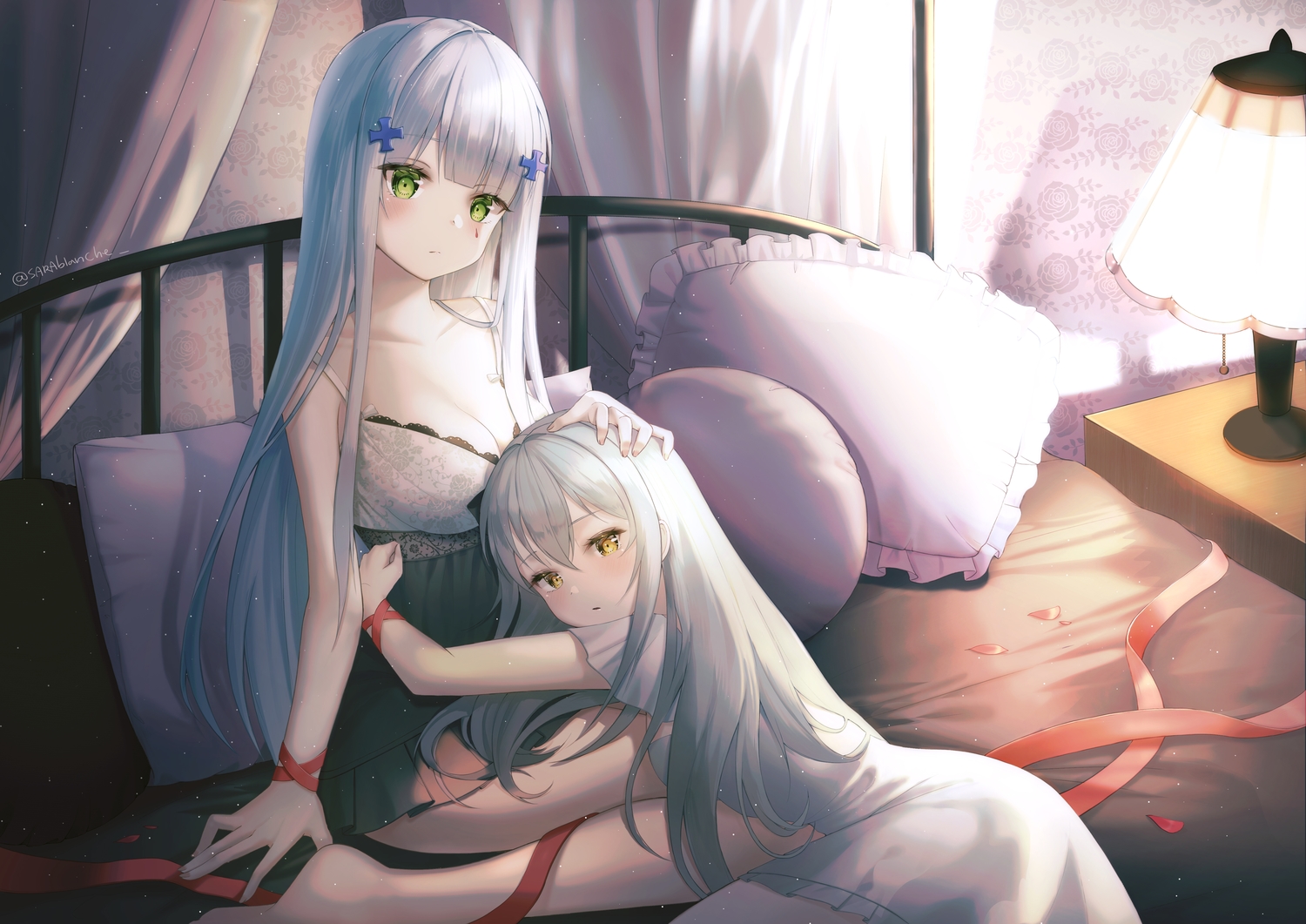 2girls, anthropomorphism, bed, dress, g11_(girls_frontline), girls_frontline, gray_hair, green_eyes, hk416_(girls_frontline), hug, long_hair, sarablanche, shoujo_ai, signed, white_hair, yellow_eyes