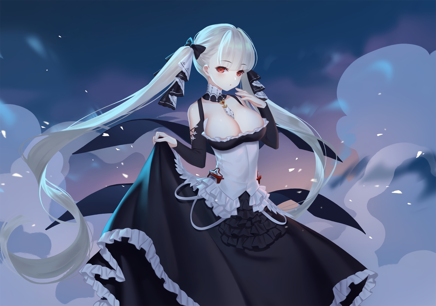 anthropomorphism, azur_lane, breasts, cleavage, formidable_(azur_lane), goth-loli, gray_hair, littleamber, lolita_fashion, long_hair, red_eyes, twintails