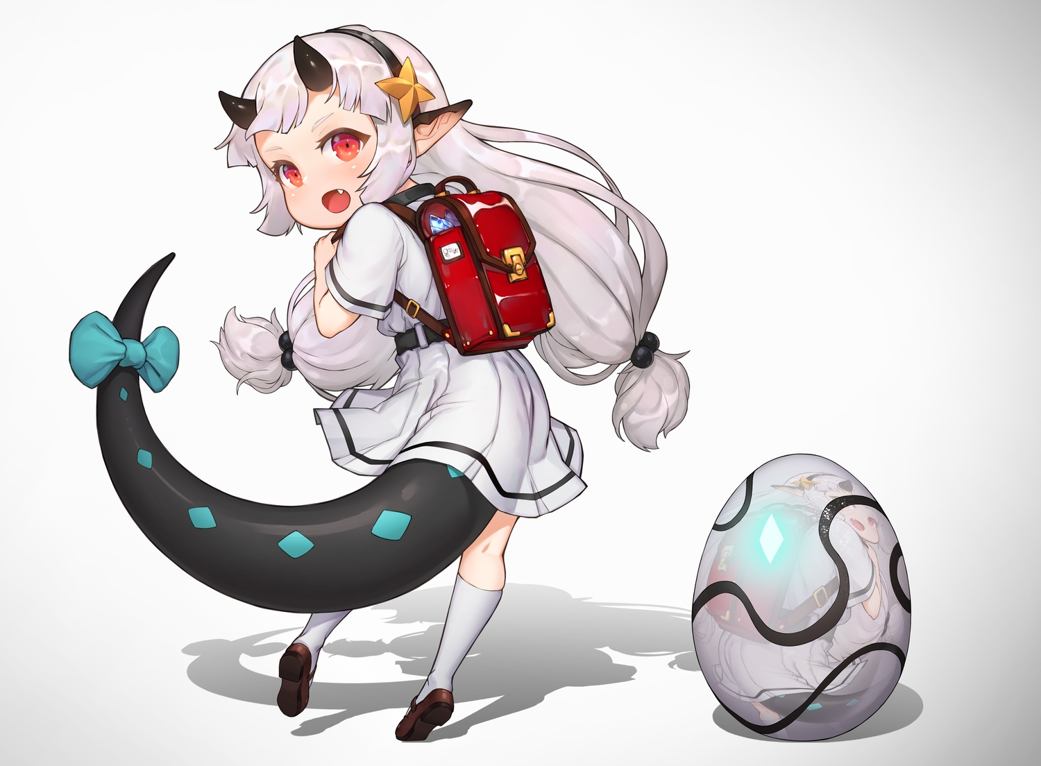 bow, demon, epic7, fang, gradient, gray_hair, headband, horns