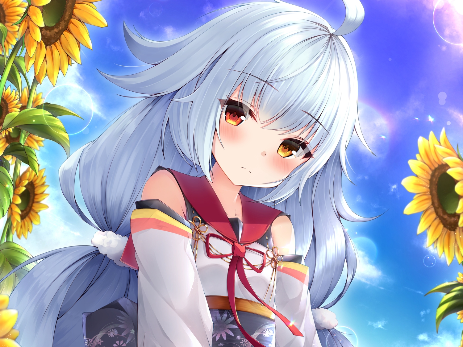 anthropomorphism, azur_lane, bicolored_eyes, clouds, cropped, flowers, gray_hair, ichizon