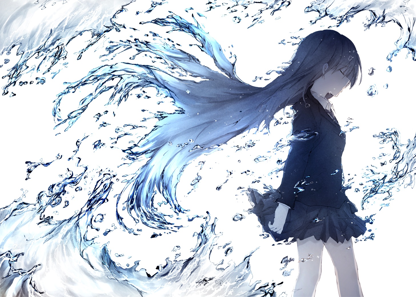 aliasing, brown_hair, haru_(re_ilust), long_hair, original, polychromatic, school_uniform, skirt, tie, water