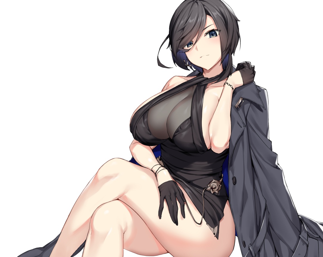 anthropomorphism, ark_royal_(azur_lane), azur_lane, black_hair, breasts, cape, cleavage, cropped