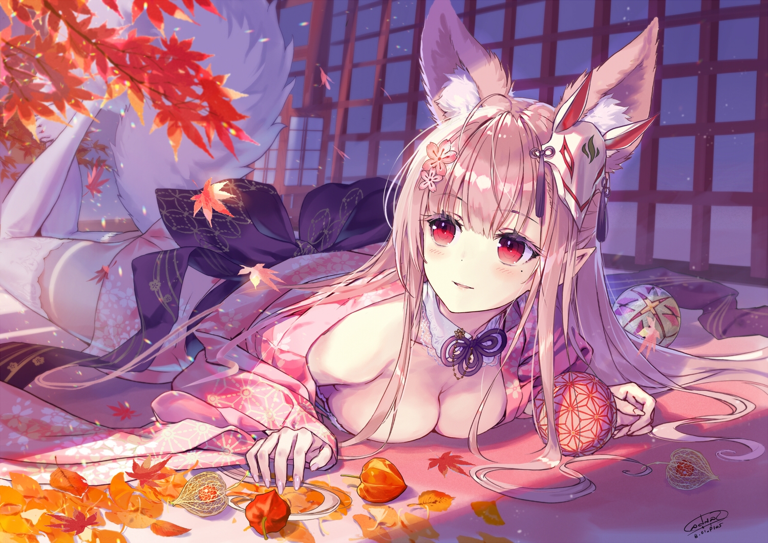 animal_ears, blonde_hair, breasts, cleavage, foxgirl, long_hair, original, red_eyes, sanbasou, signed, tail, thighhighs