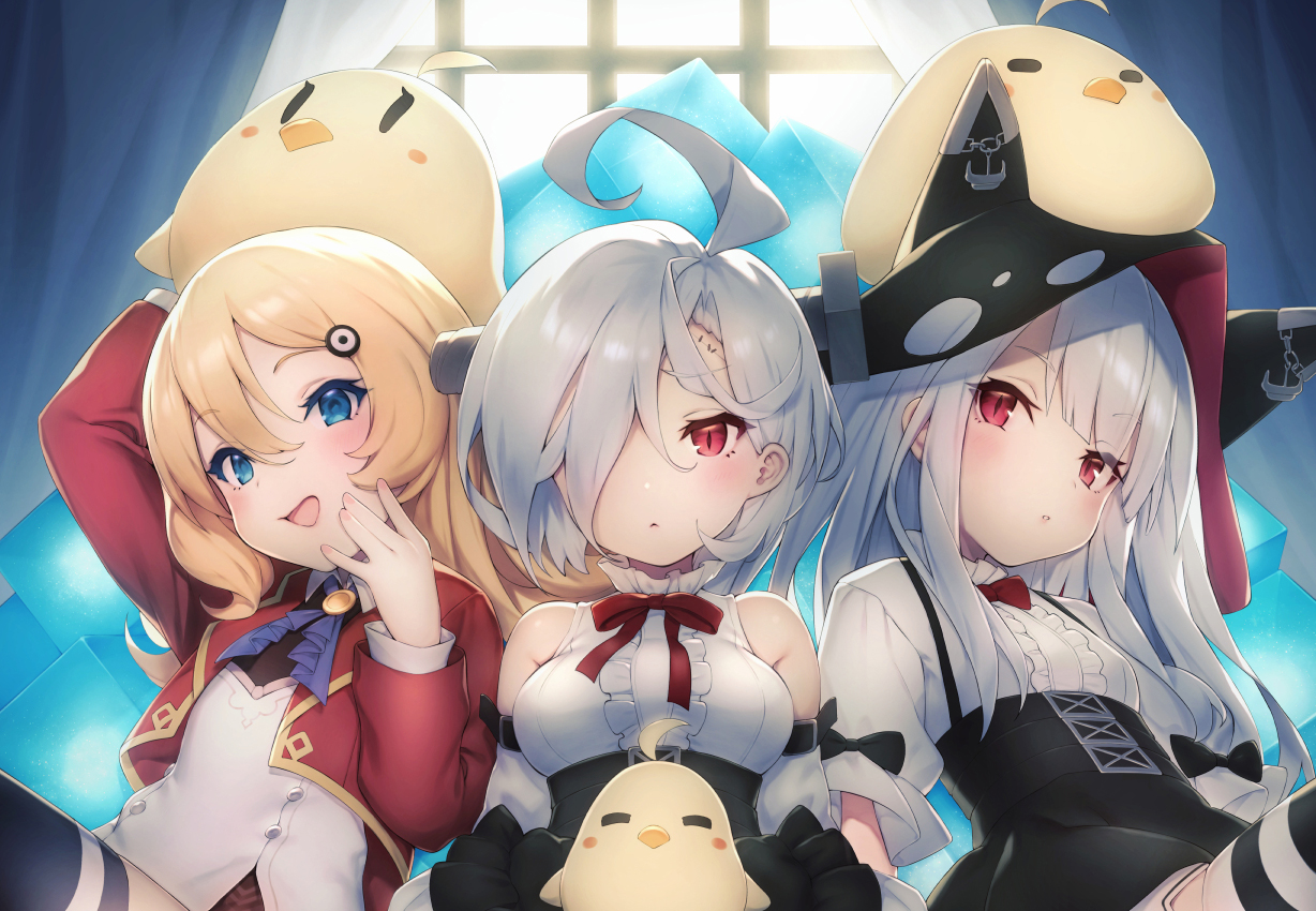 abercrombie_(azur_lane), animal, animal_ears, anthropomorphism, azur_lane, bird, blonde_hair, blue_eyes, breasts, cropped, dress, erebus_(azur_lane), gray_hair, hat, manjuu_(azur_lane), pokachu, red_eyes, short_hair, terror_(azur_lane), thighhighs