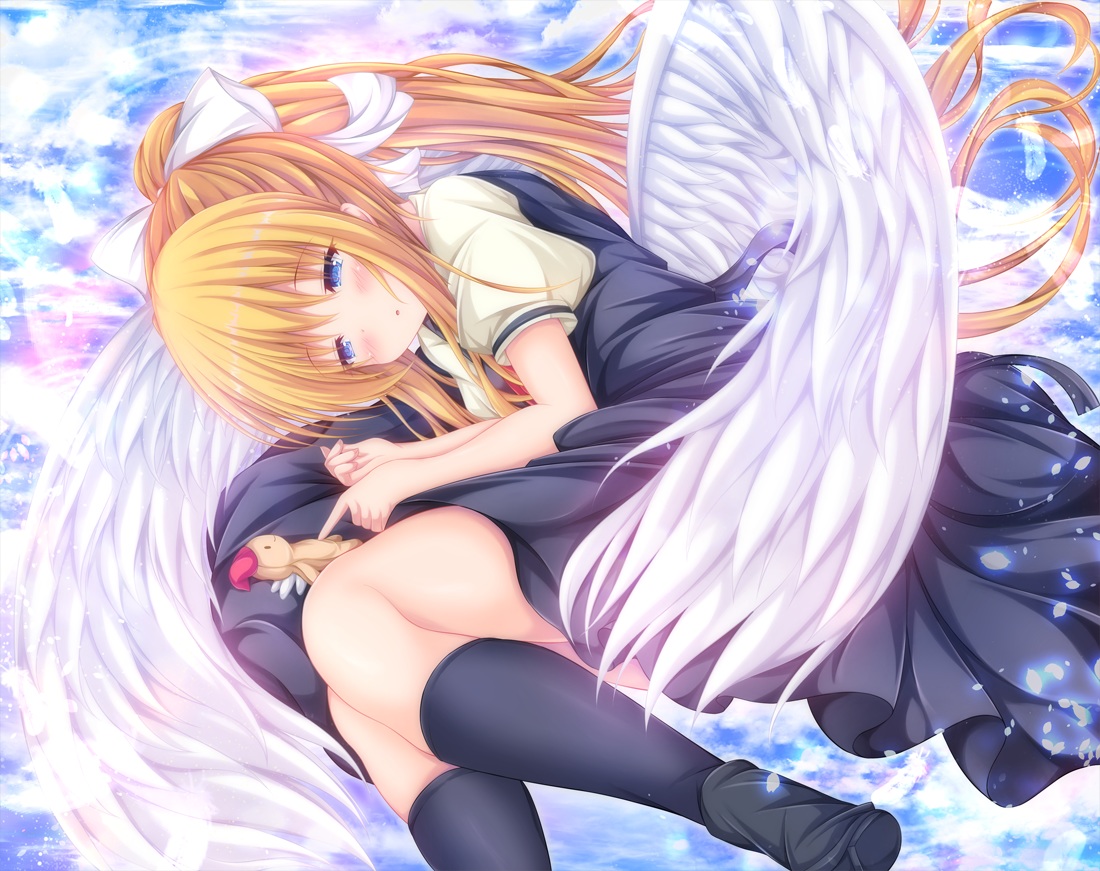 air, blue_eyes, doll, feathers, kamio_misuzu, key, kouduki_miyabi, orange_hair, sky, wings