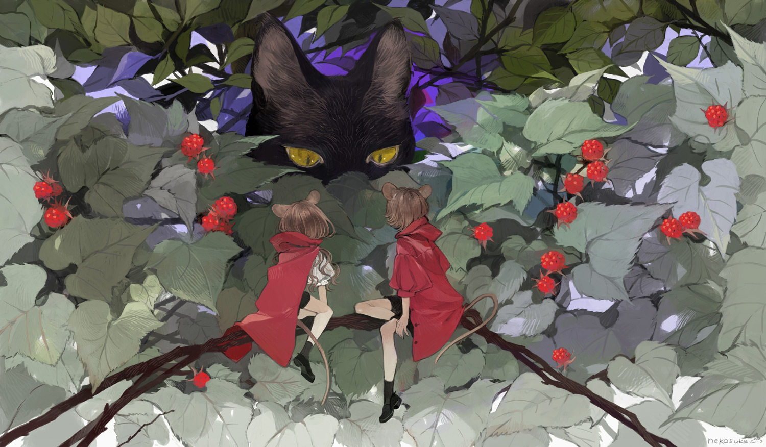 2girls, animal, animal_ears, brown_hair, cape, cat, flowers, food, fruit, hood, jpeg_artifacts, leaves, mousegirl, nekosuke_(oxo), original, short_hair, signed, tail