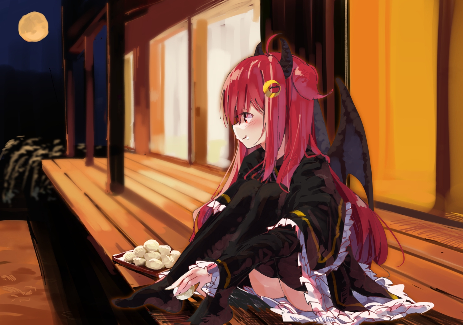 blush, demon, food, horns, lamb_(hitsujiniku), long_hair, moon, nijisanji, red_eyes, red_hair, thighhighs, wings, yuzuki_roa