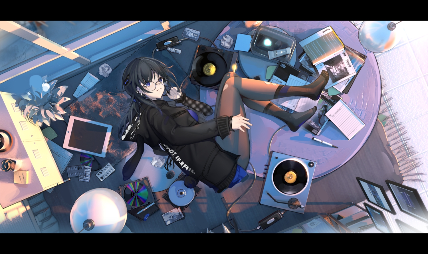 black_hair, blue_eyes, book, glasses, hood, itohime, long_hair, original