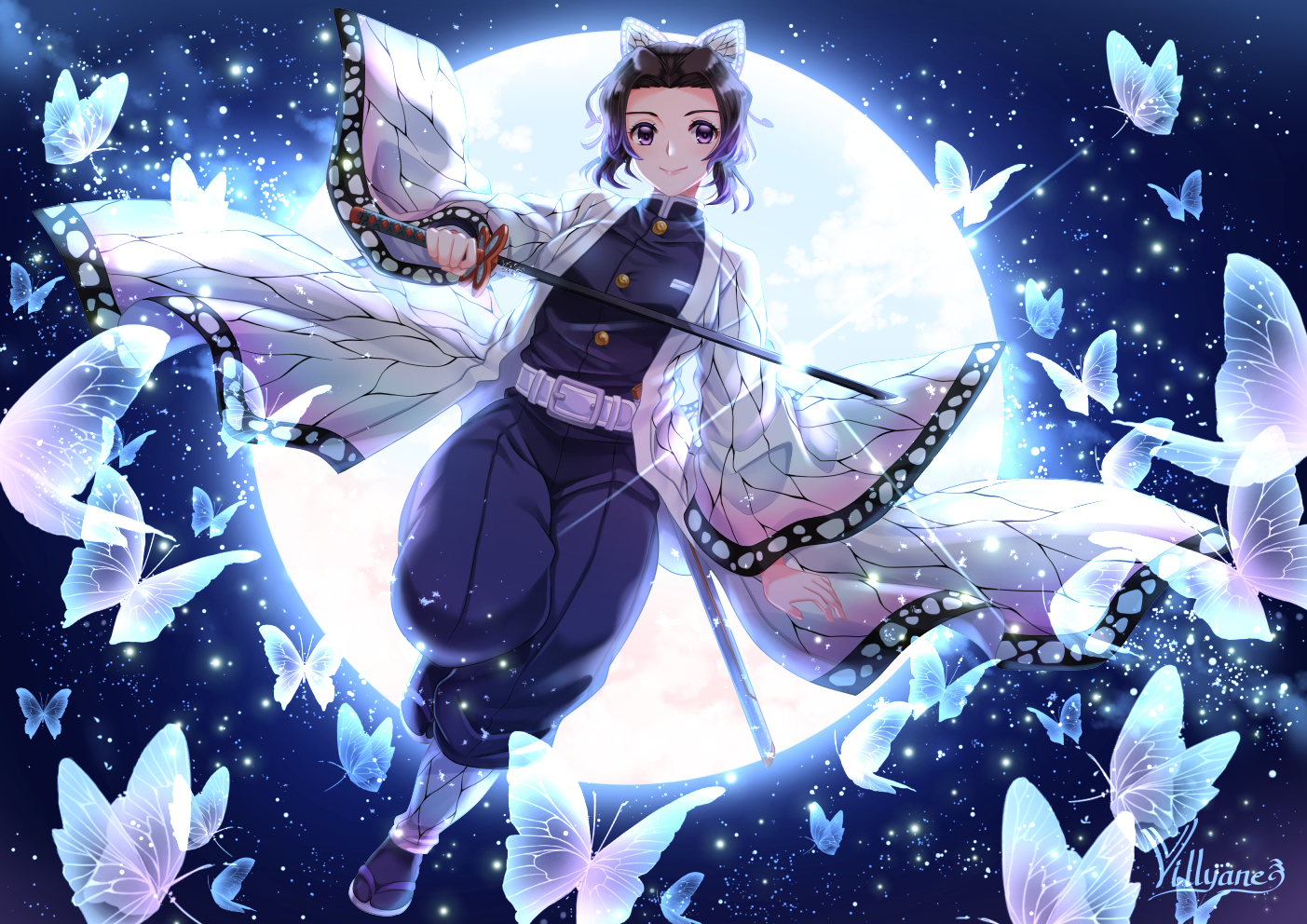 black_hair, butterfly, japanese_clothes, katana, kimetsu_no_yaiba, kochou_shinobu, moon, purple_eyes