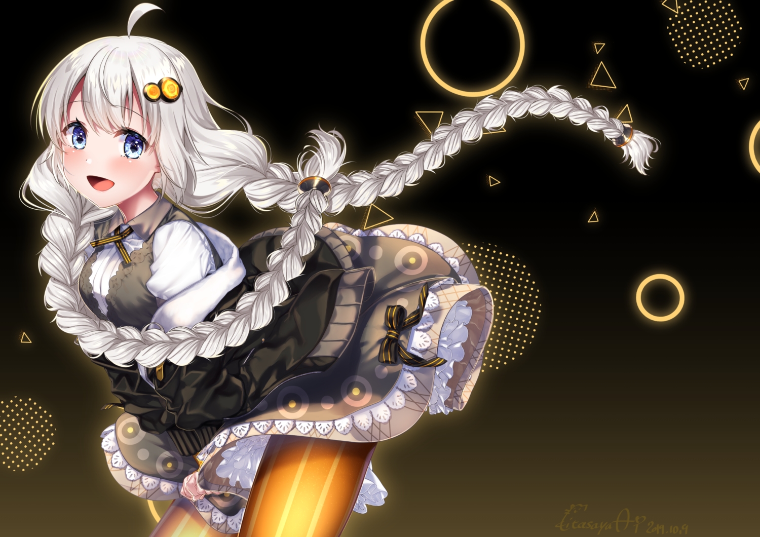 blue_eyes, braids, gradient, kitasaya_ai, kizuna_akari, long_hair, pantyhose, signed