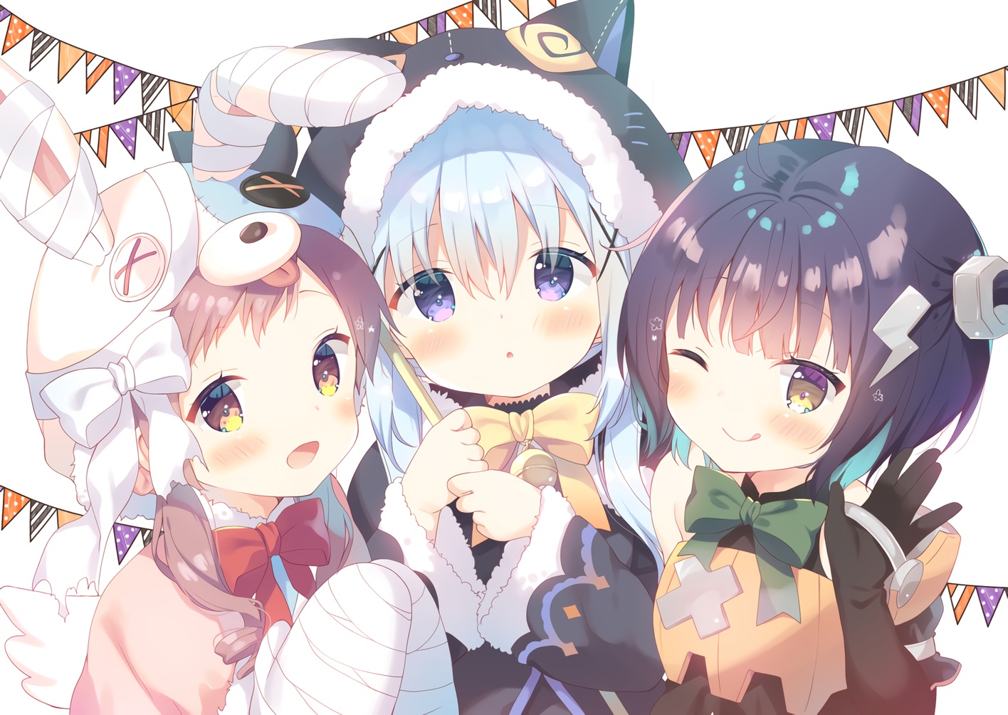 animal_ears, bell, black_hair, blue_hair, blush, bow, brown_hair, cosplay
