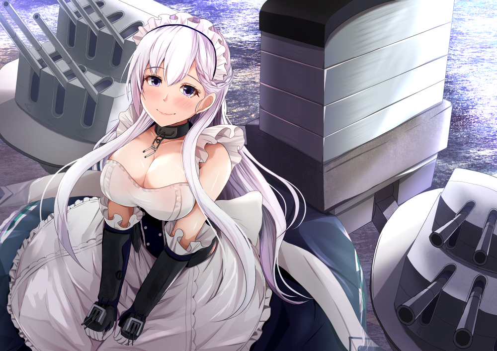 aliasing, anthropomorphism, azur_lane, belfast_(azur_lane), blush, braids, chain, elbow_gloves