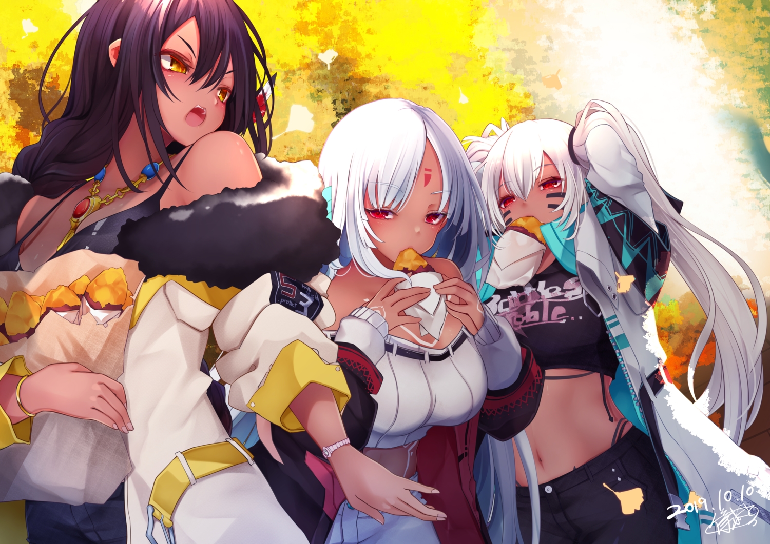 alabama_(azur_lane), anthropomorphism, autumn, azur_lane, dark_skin, food, massachusetts_(azur_lane), navel