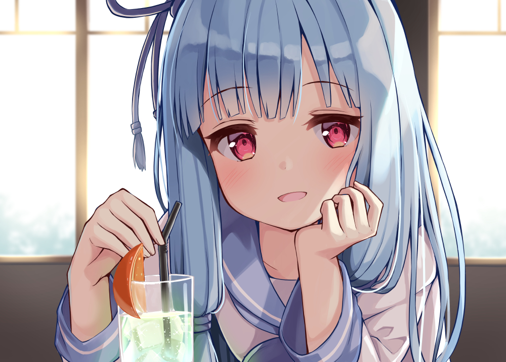 blue_hair, close, drink, food, fruit, kotonoha_aoi, long_hair, ominaeshi