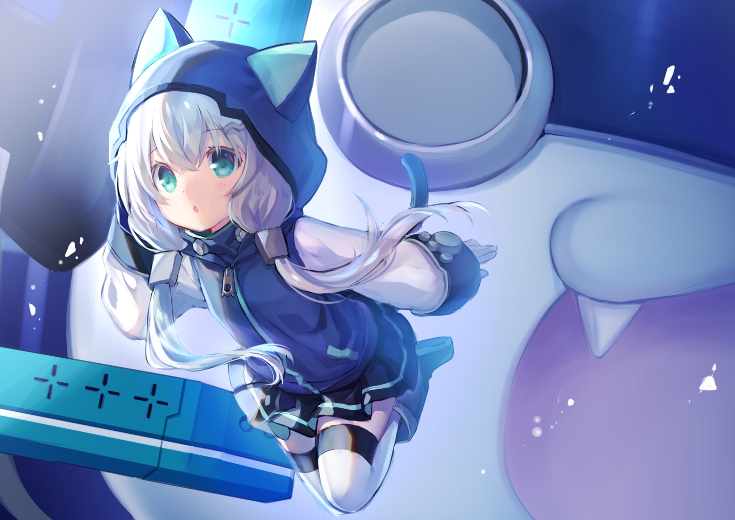 animal_ears, gray_hair, green_eyes, hood, jiang-ge, long_hair, original, skirt