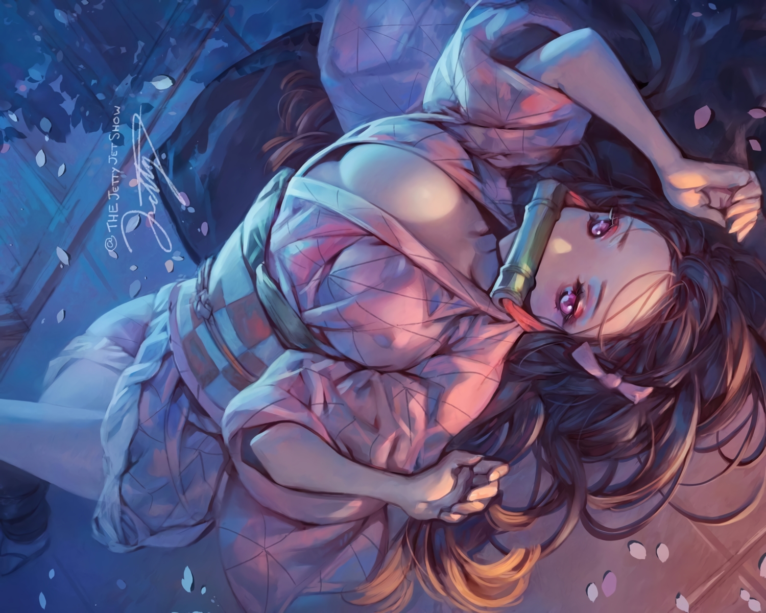 black_hair, cherry_blossoms, flowers, gag, japanese_clothes, jet_kimchrea, kamado_nezuko, kimetsu_no_yaiba, kimono, long_hair, no_bra, purple_eyes, signed