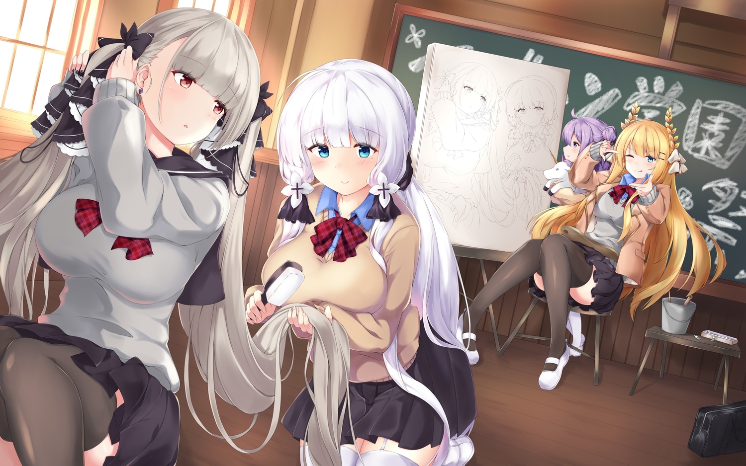 anthropomorphism, azur_lane, formidable_(azur_lane), group, illustrious_(azur_lane), mamizu, school_uniform, unicorn_(azur_lane)