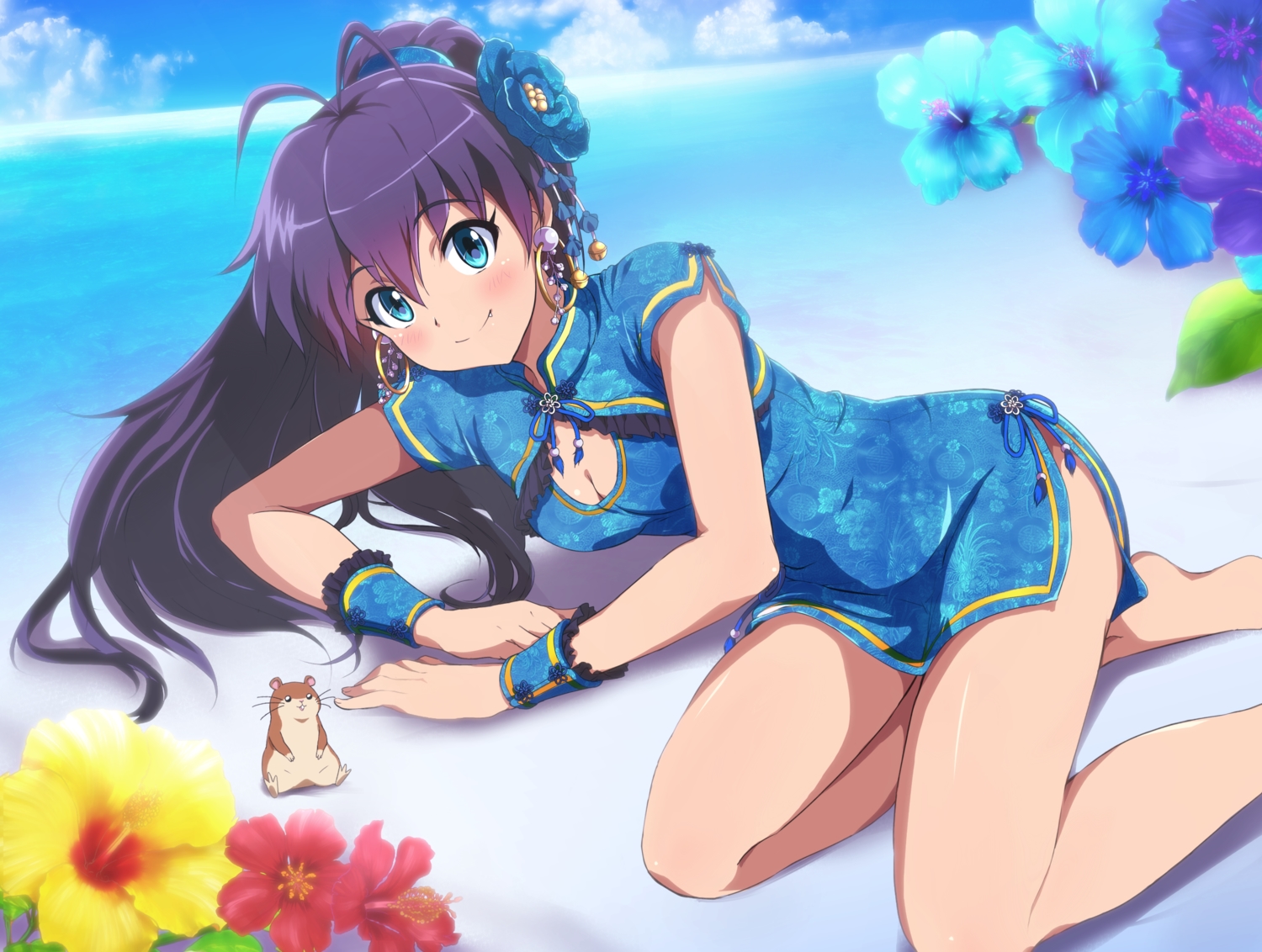 animal, aqua_eyes, blush, breasts, chinese_clothes, chinese_dress, cleavage, clouds