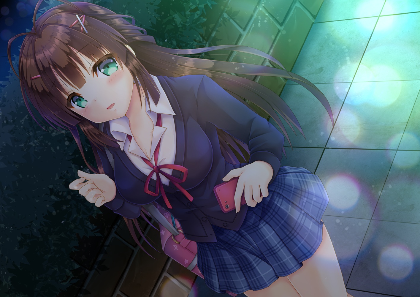 brown_hair, dark, green_eyes, kami-machi_sana-chan, long_hair, phone, school_uniform, skirt