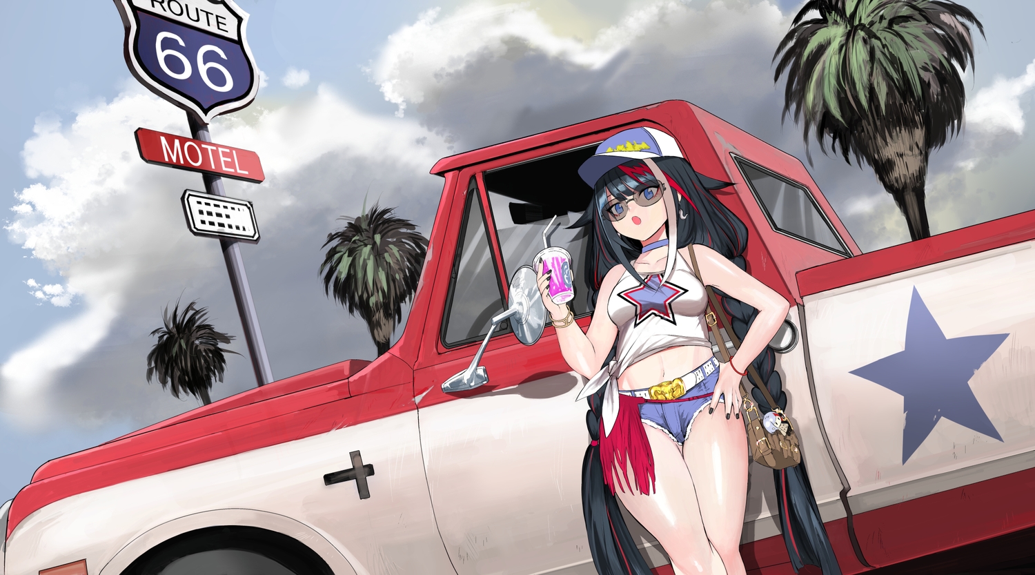 anthropomorphism, azur_lane, black_hair, blue_eyes, breasts, car, clouds, deutschland_(azur_lane), drink, hat, ioa2324, long_hair, shorts, sunglasses, twintails