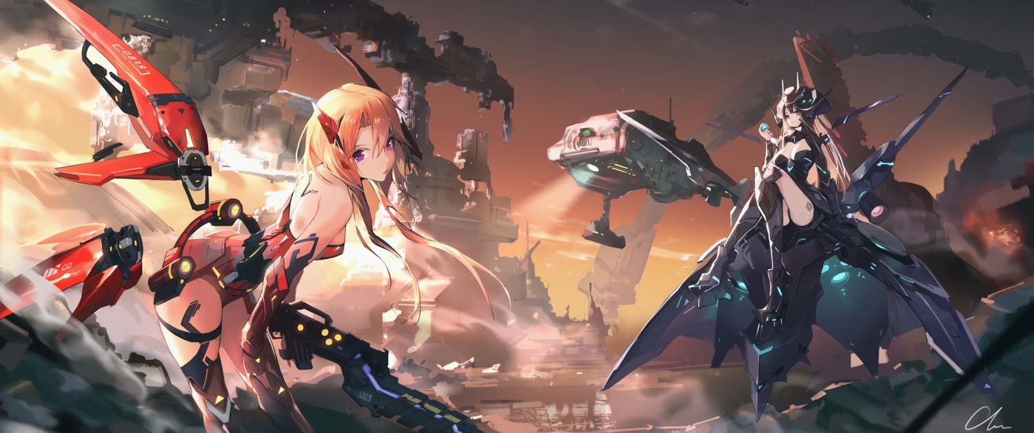 2girls, airship, blonde_hair, clare_(543), clouds, cropped, green_eyes, long_hair
