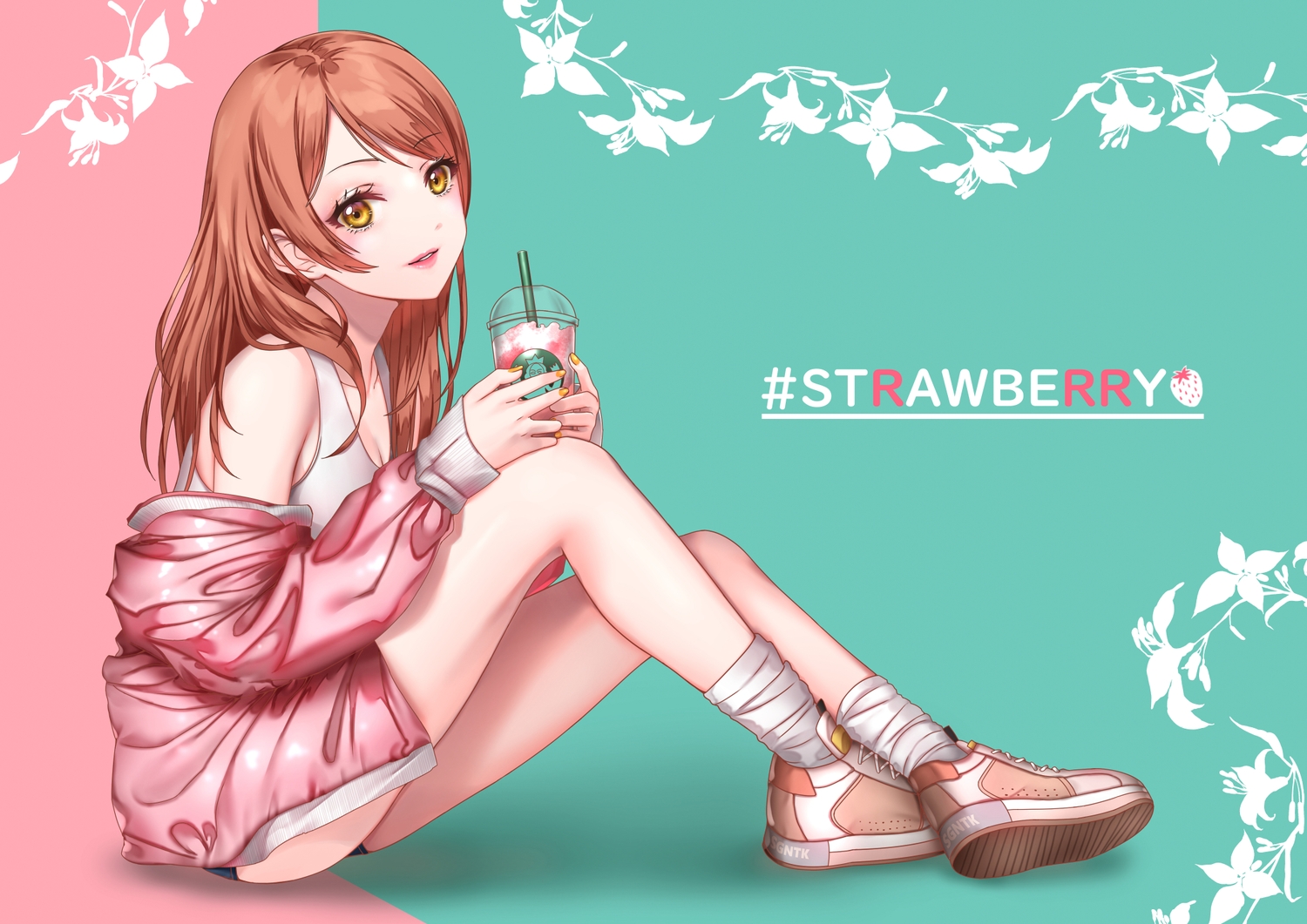 brown_hair, drink, houjou_karen, idolmaster, idolmaster_cinderella_girls, long_hair, maou(demonlord), shorts