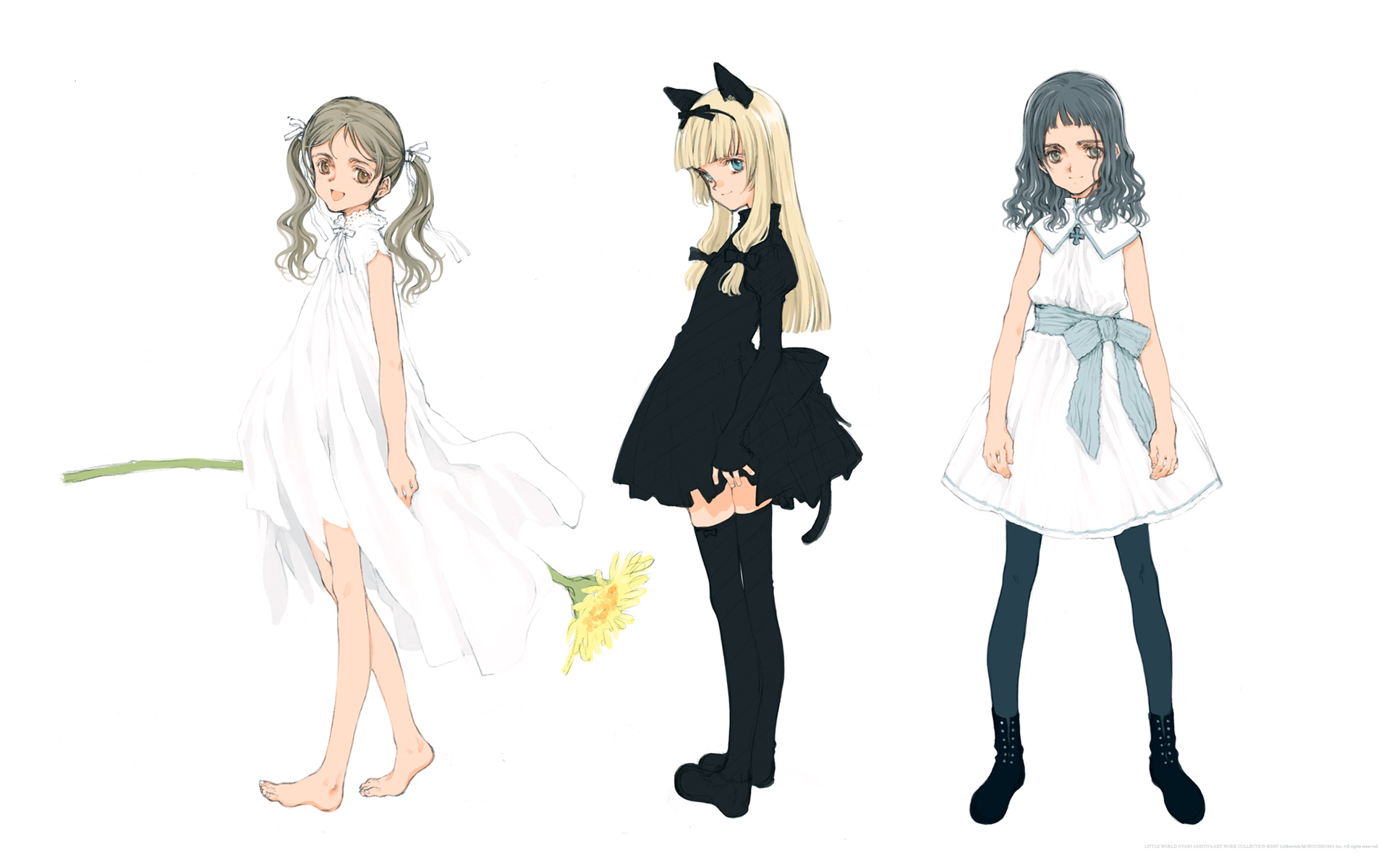 animal_ears, barefoot, blonde_hair, blue_eyes, blue_hair, brown_eyes, catgirl, dress, ema, gray_hair, littlewitch, long_hair, oyari_ashito, pantyhose, sayu, shirotsume_souwa, summer_dress, tail, thighhighs, toka, twintails, white