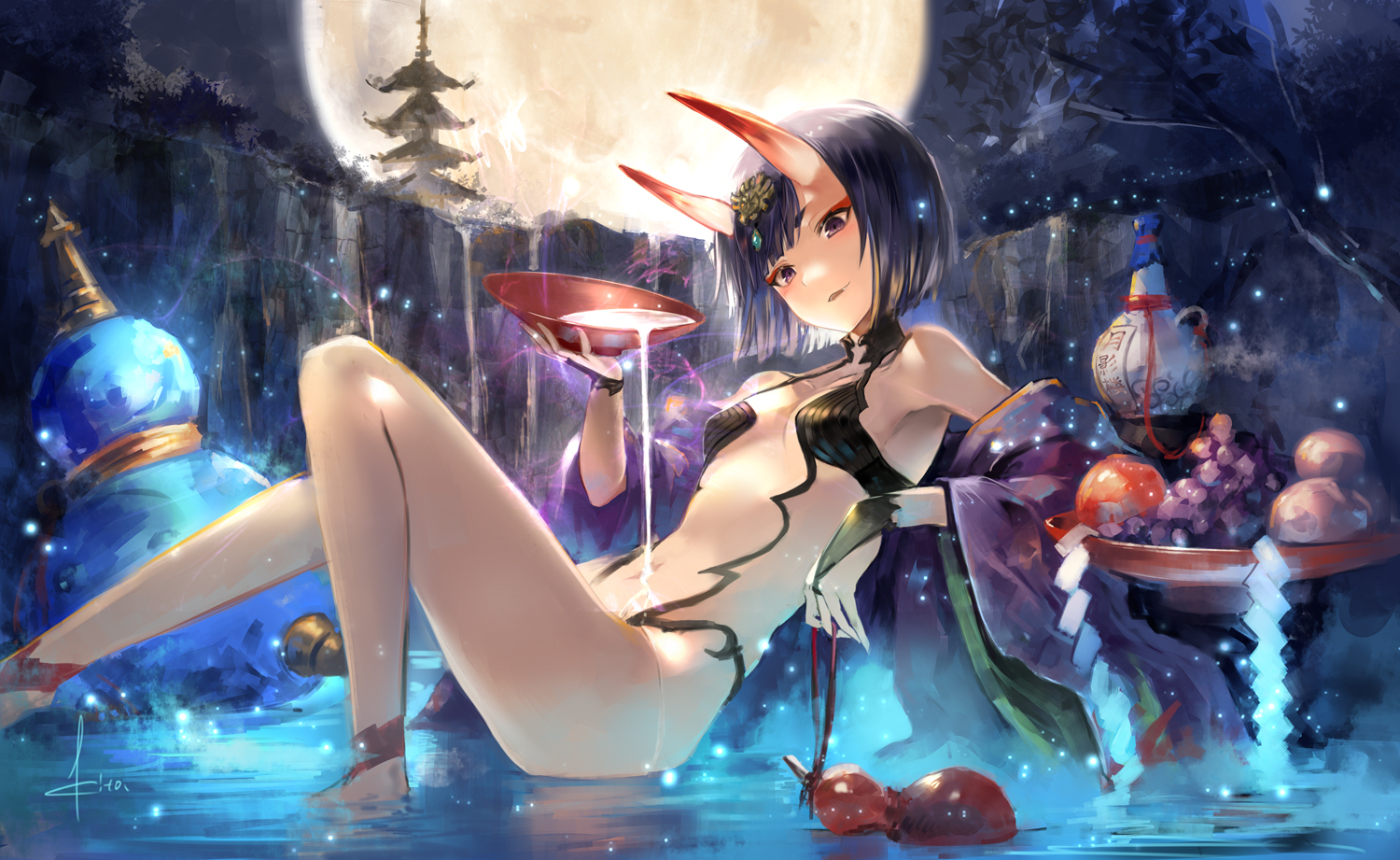 building, demon, drink, fate/grand_order, fate_(series), food, fruit, horns, kito_(kito2), moon, night, purple_eyes, purple_hair, sake, short_hair, shuten_douji_(fate), signed, silhouette, water