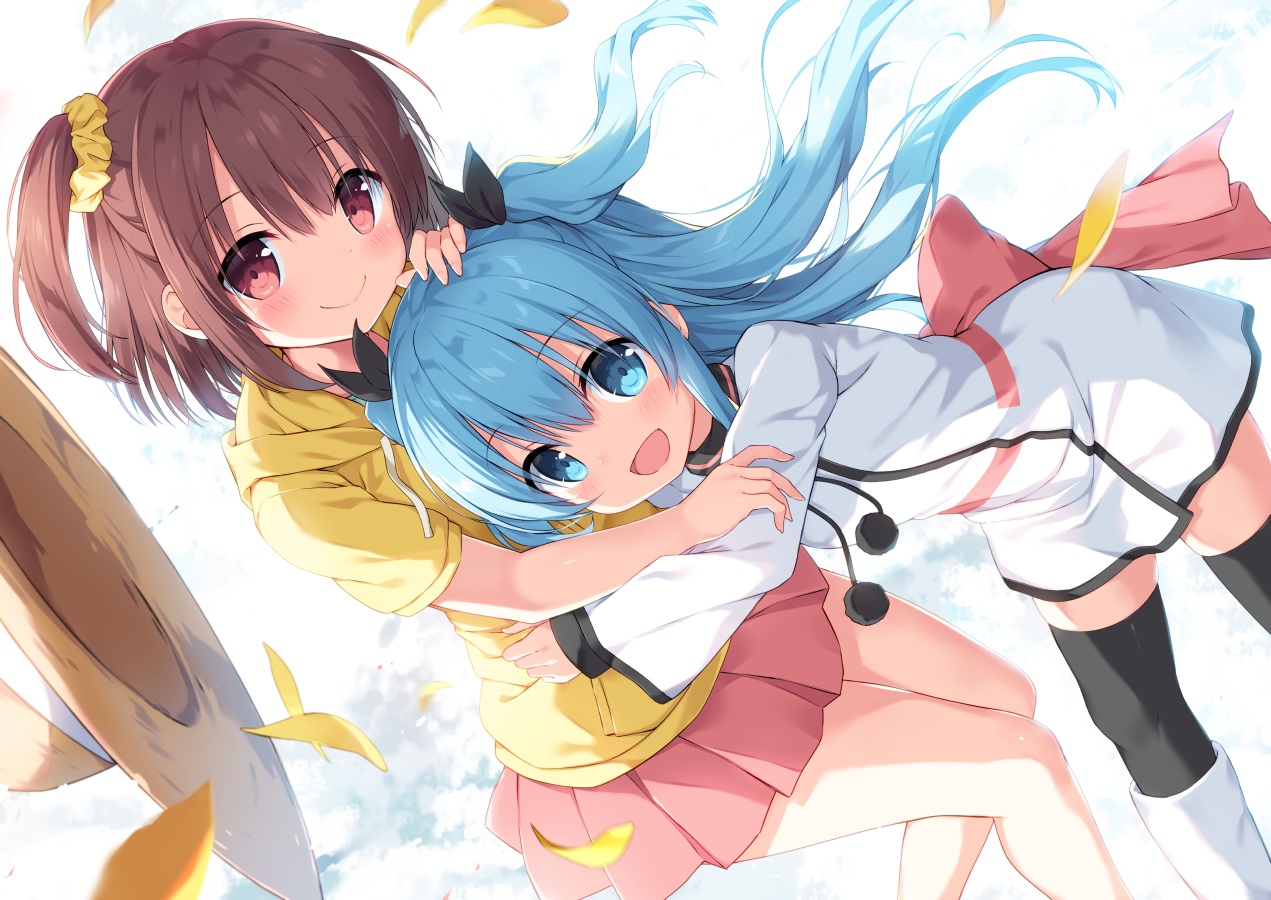 2girls, aliasing, aqua_eyes, aqua_hair, blush, boots, brown_hair, ezoshika