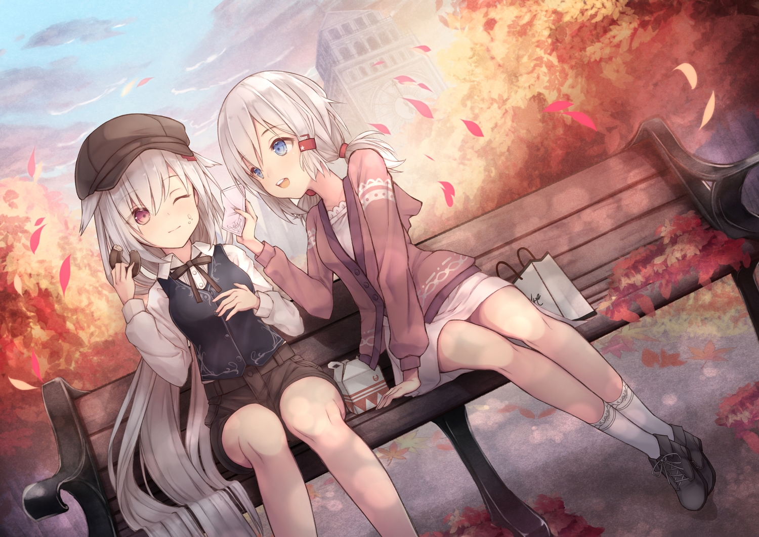 2girls, anthropomorphism, autumn, azur_lane, blue_eyes, building, clouds, denver_(azur_lane), dress, food, gray_hair, hat, long_hair, montpelier_(azur_lane), nishina_kakeri, purple_eyes, shoujo_ai, sky, twintails, wink