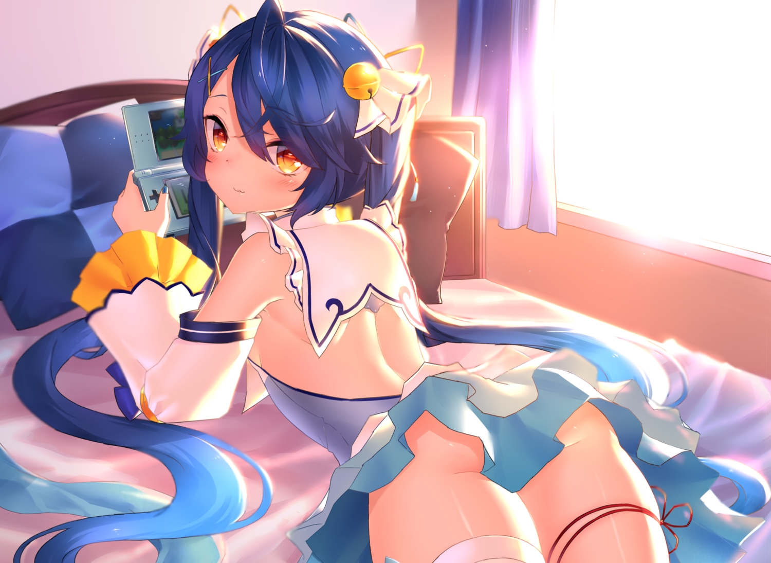 amamiya_kokoro, bed, bell, blue_hair, blush, cropped, dress, game_console