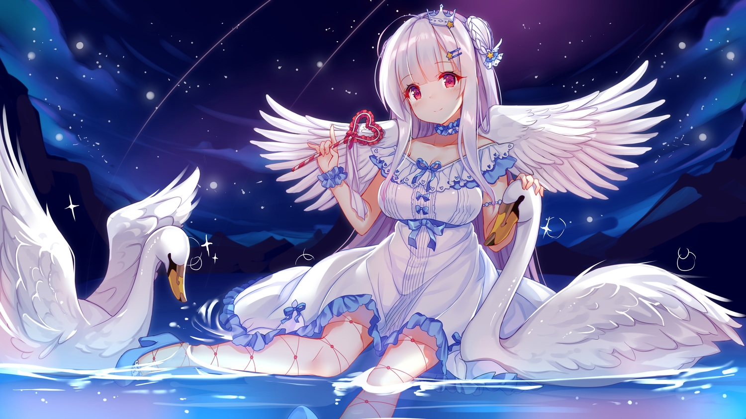 animal, anthropomorphism, azur_lane, bird, clouds, crown, cygnet_(azur_lane), dress, jpeg_artifacts, kazucha, night, red_eyes, sky, stars, wand, white_hair, wings