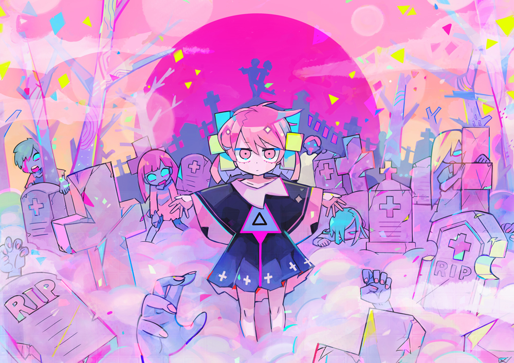 cross, dress, moon, original, pink_eyes, pink_hair, polychromatic, teracoot