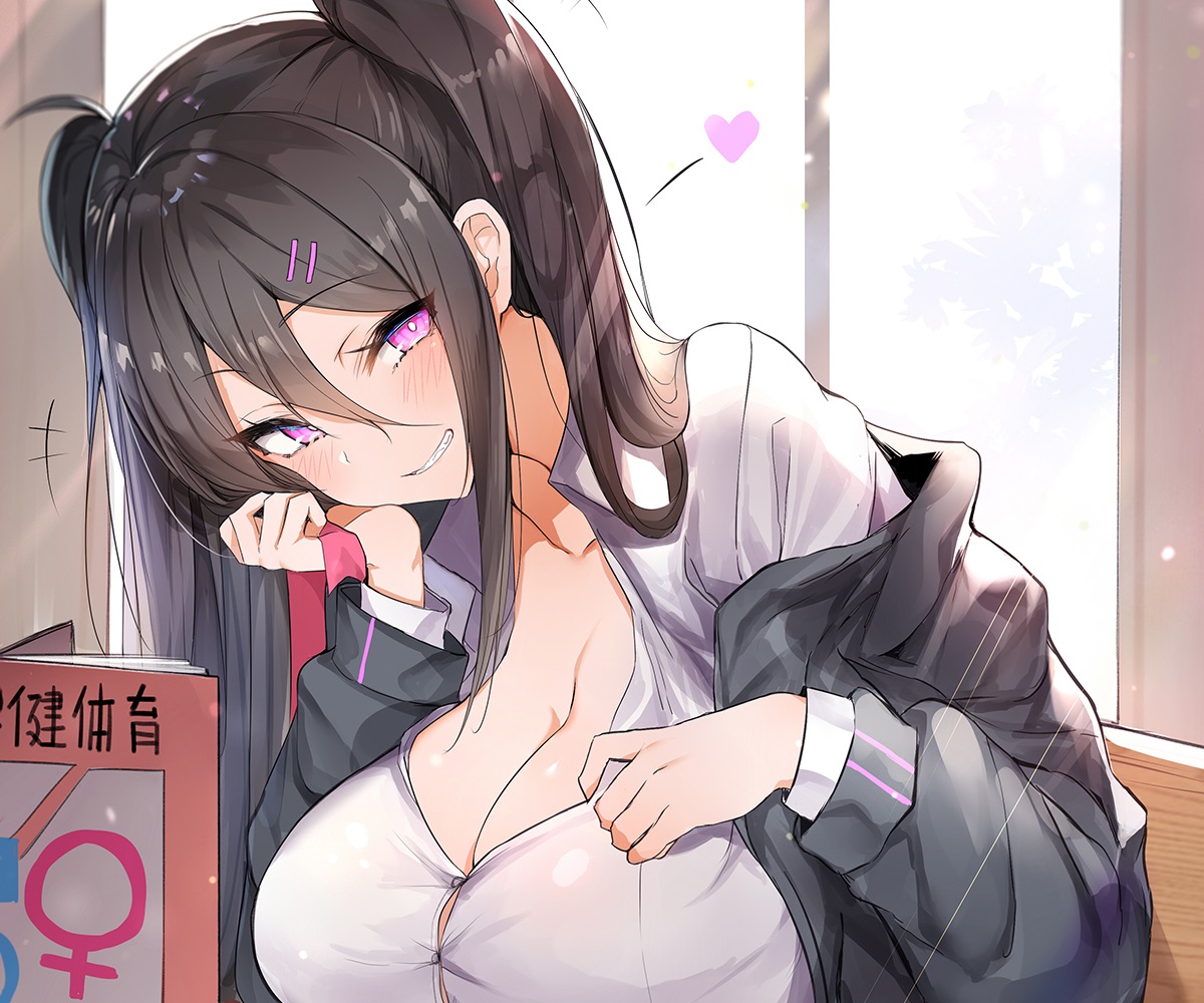 black_hair, blush, book, breasts, cleavage, cropped, long_hair, luse_maonang