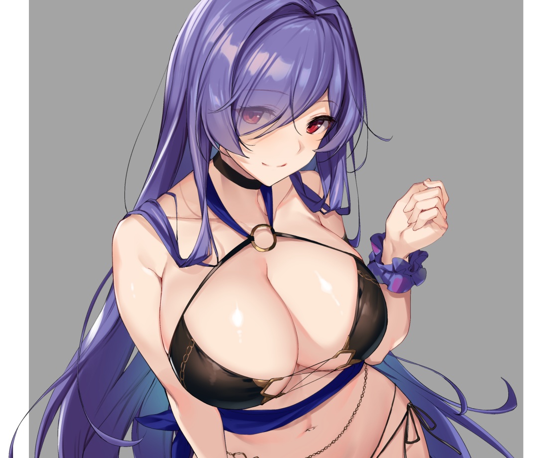 anthropomorphism, azur_lane, bikini, blue_hair, breasts, chain, choker, cleavage, cropped, ikomochi, long_hair, red_eyes, swimsuit, trento_(azur_lane), wristwear