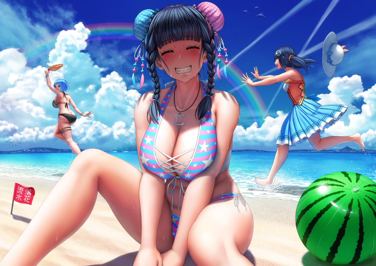 asamurasaki, ass, ball, bikini, blush, original, rainbow, swimsuit, twintails