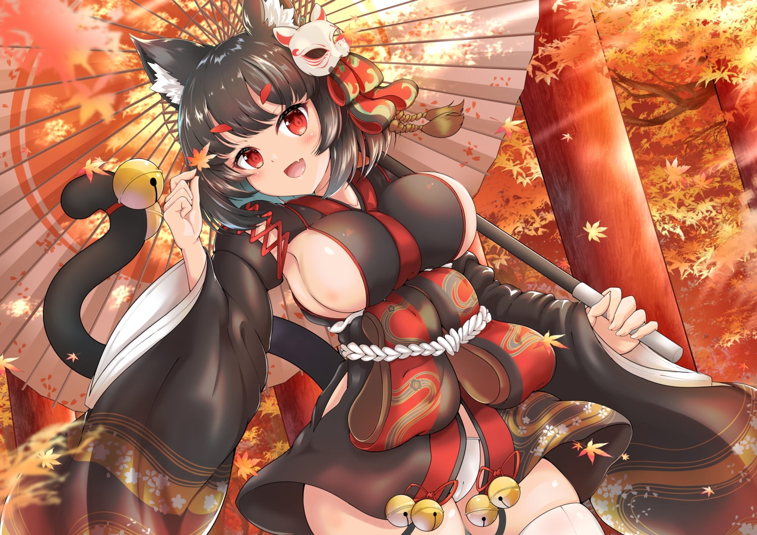 animal_ears, anthropomorphism, autumn, azur_lane, bell, black_hair, blush, cameltoe