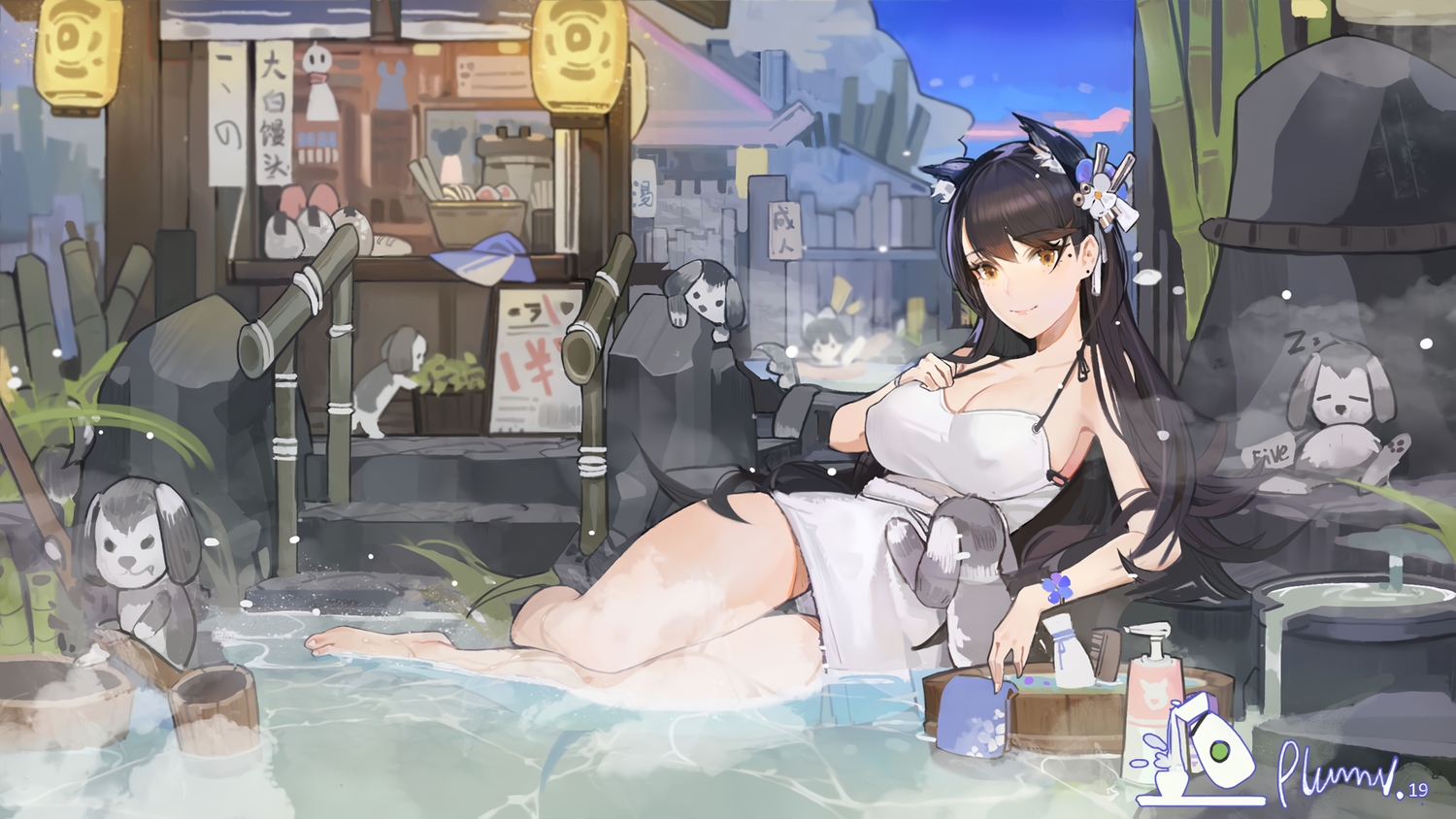 animal, animal_ears, anthropomorphism, atago_(azur_lane), azur_lane, barefoot, black_hair, breast_hold