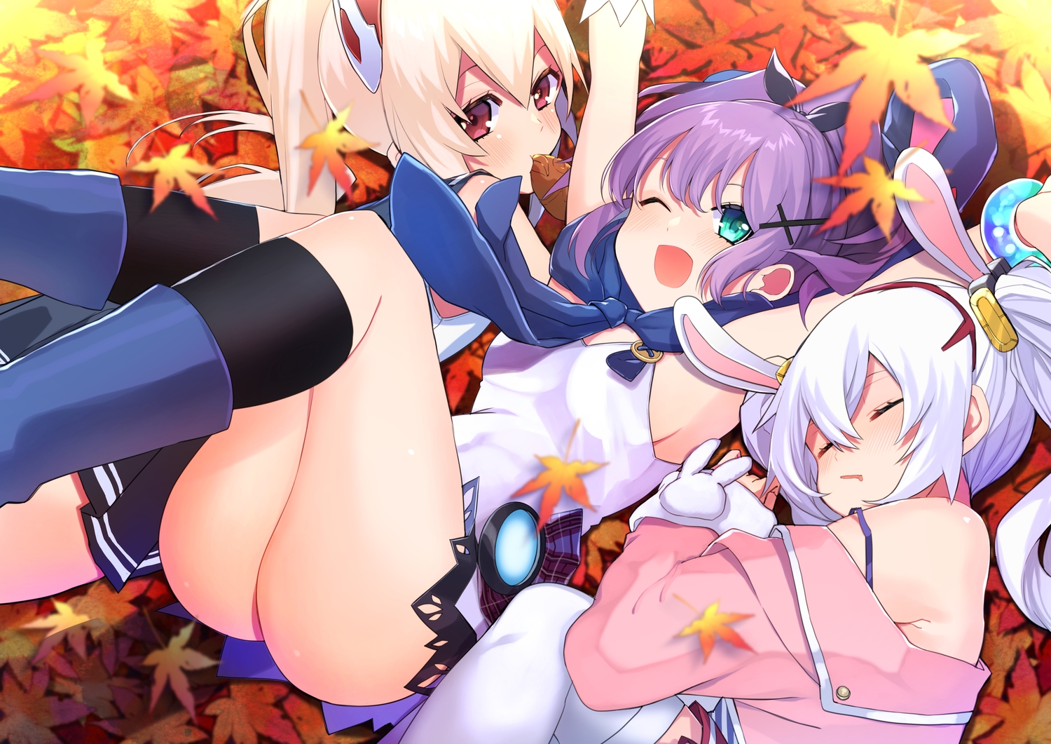 animal_ears, anthropomorphism, autumn, ayanami_(azur_lane), azur_lane, blonde_hair, bunny_ears, bunnygirl, girusyu1945, green_eyes, javelin_(azur_lane), laffey_(azur_lane), leaves, long_hair, ponytail, purple_hair, red_eyes, skirt, sleeping, thighhighs, twintails, white_hair, wink