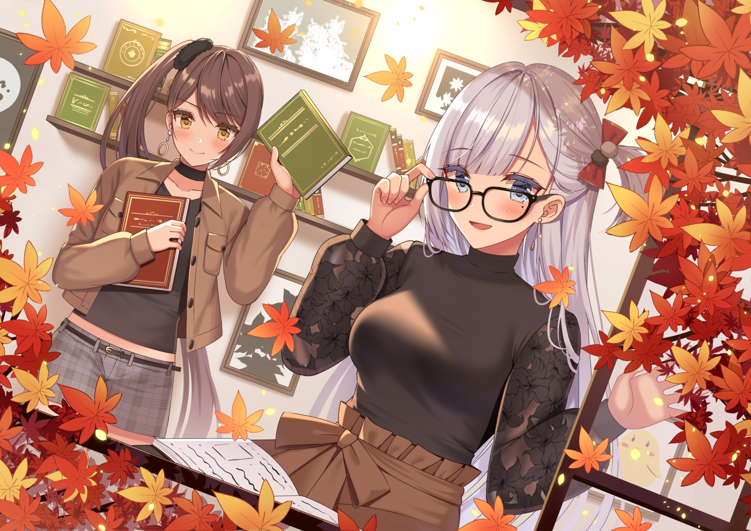 2girls, anthropomorphism, autumn, azur_lane, blue_eyes, blush, book, brown_hair