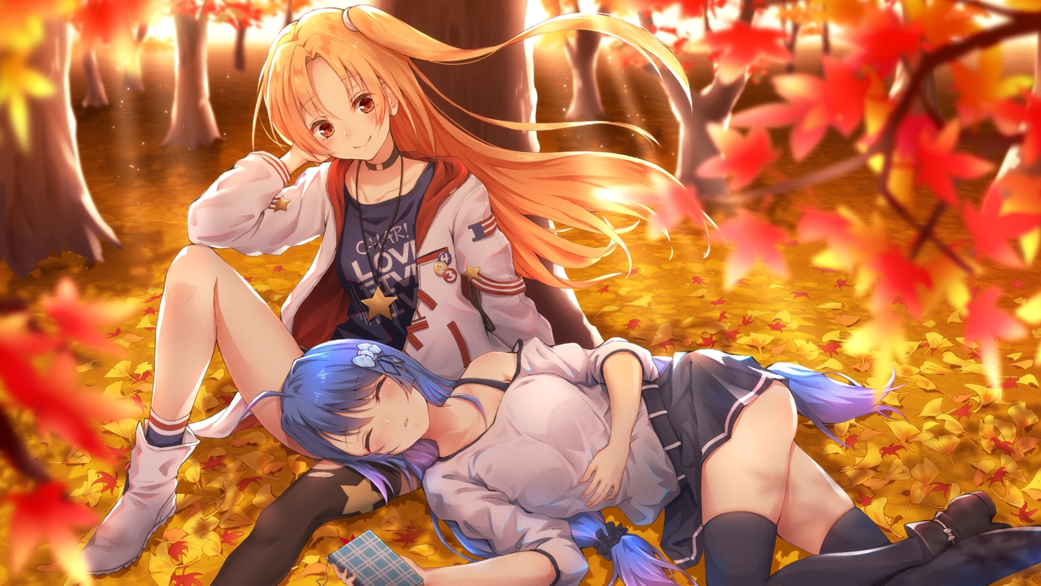 2girls, anthropomorphism, autumn, azur_lane, blonde_hair, blue_hair, blush, cleveland_(azur_lane)