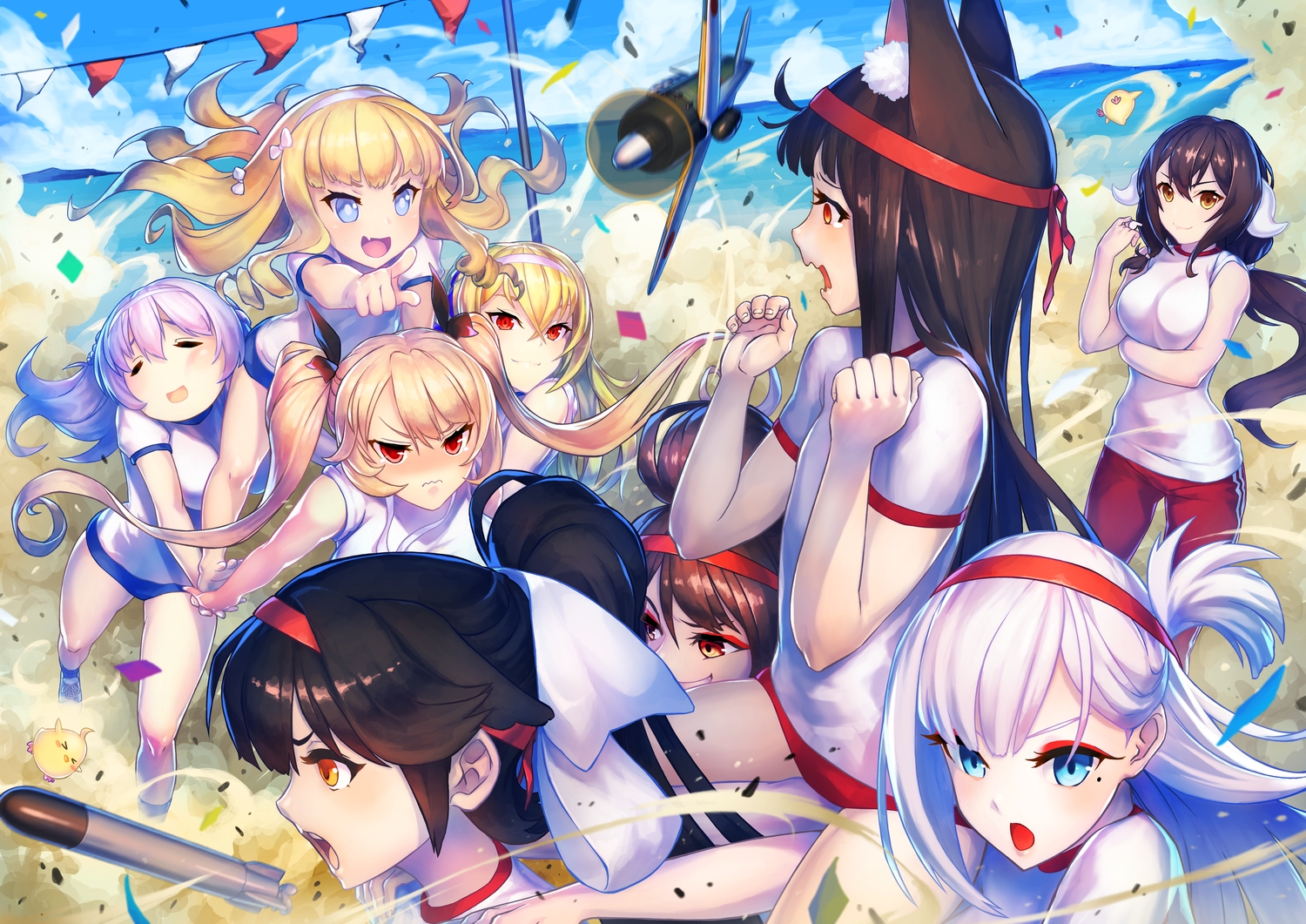 akagi_(azur_lane), animal_ears, anthropomorphism, azur_lane, blonde_hair, blue_eyes, brown_hair, clouds