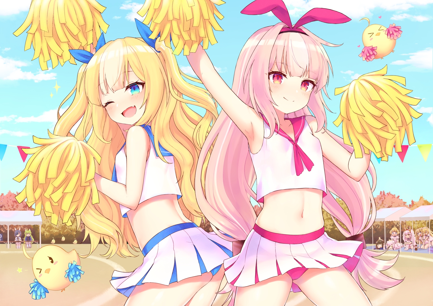 akashi_(azur_lane), albacore_(azur_lane), animal, animal_ears, anthropomorphism, azur_lane, bache_(azur_lane), bird, blonde_hair, blue_eyes, blush, brown_hair, cheerleader, fang, green_hair, hobby_(azur_lane), isao_(wasamoti), kalk_(azur_lane), laffey_(azur_lane), le_triomphant_(azur_lane), loli, long_island_(azur_lane), manjuu_(azur_lane), navel, pink_hair, shiranui_(azur_lane), short_hair, skirt, twintails, white_hair, wink