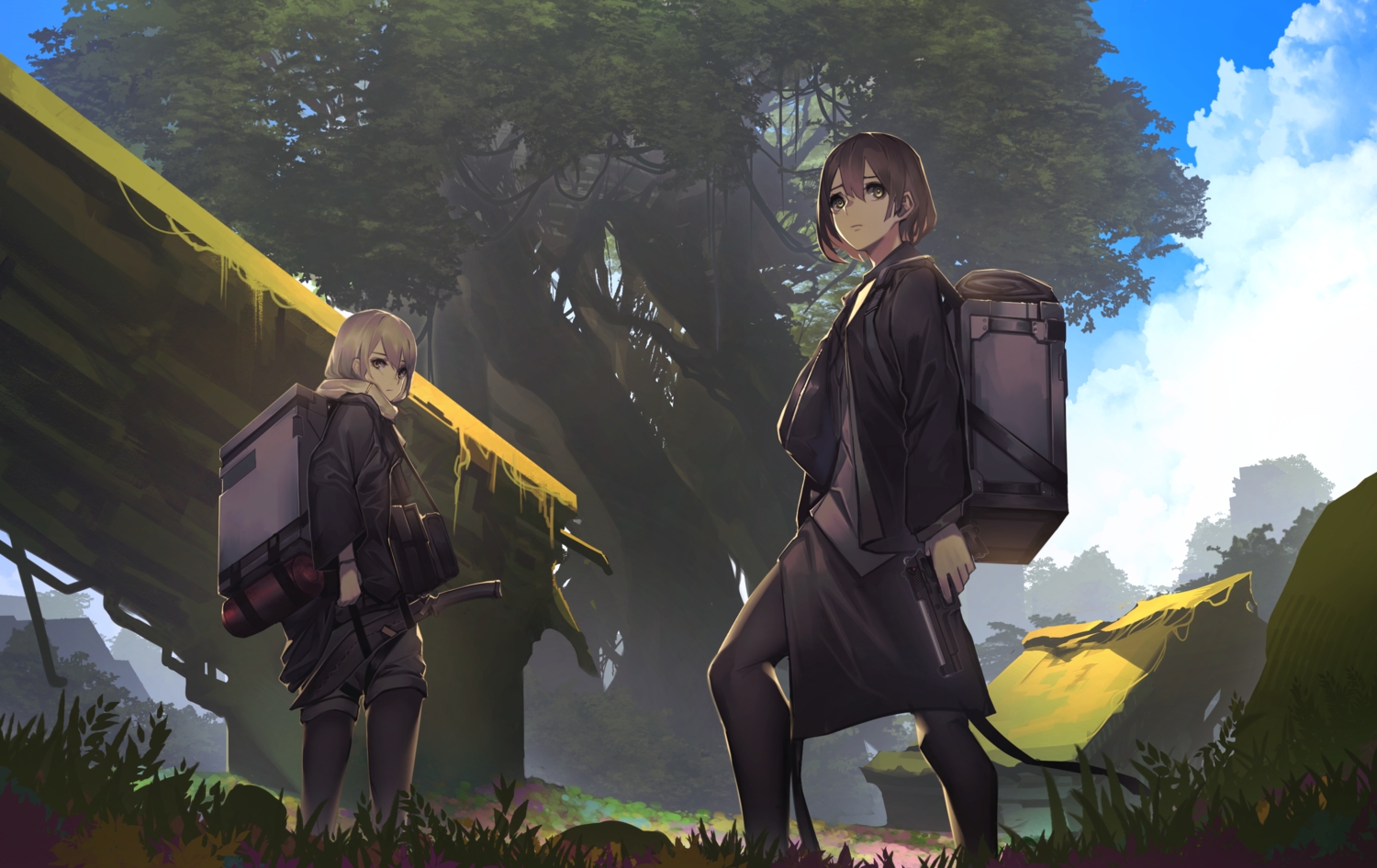 2girls, clouds, fixro2n, gun, knife, original, pantyhose, scenic